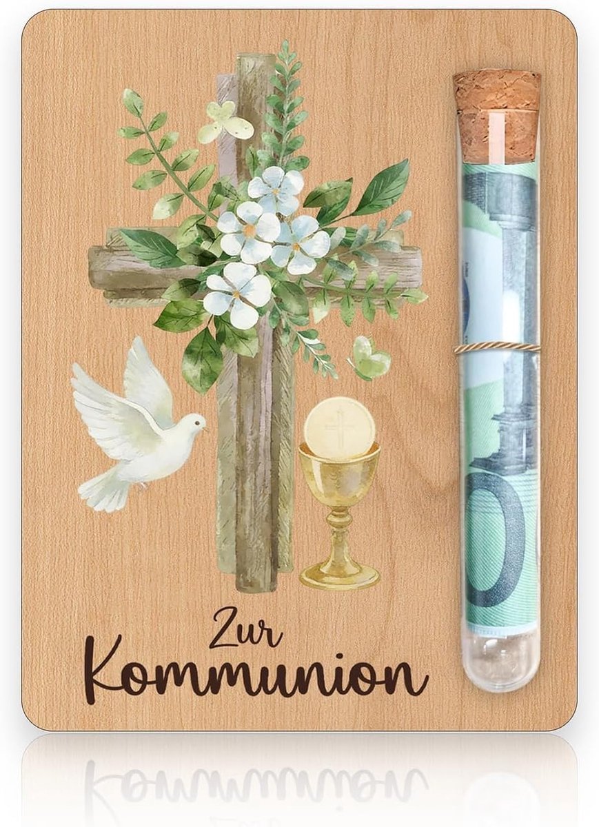 Bevestigingscadeau voor Jongen, Houten Decoratiekaart met Kruis, Uniek Geldcadeau voor Communie en Peetouders