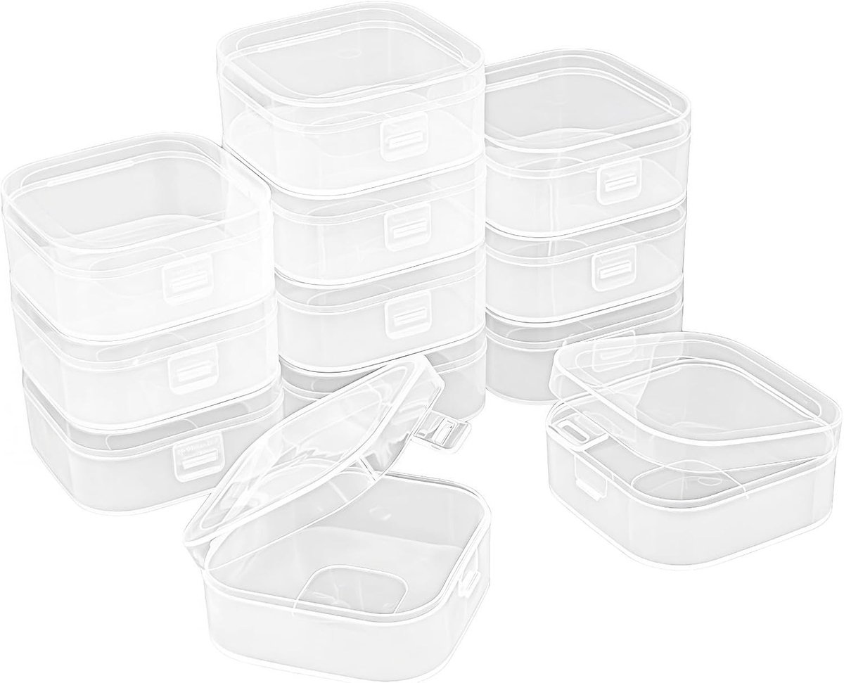 12 Stuks Vierkante Lege Mini Transparante Plastic Opbergdozen met Scharnierende Deksel voor Kleine Voorwerpen en Knutselprojecten (90x90x38mm)