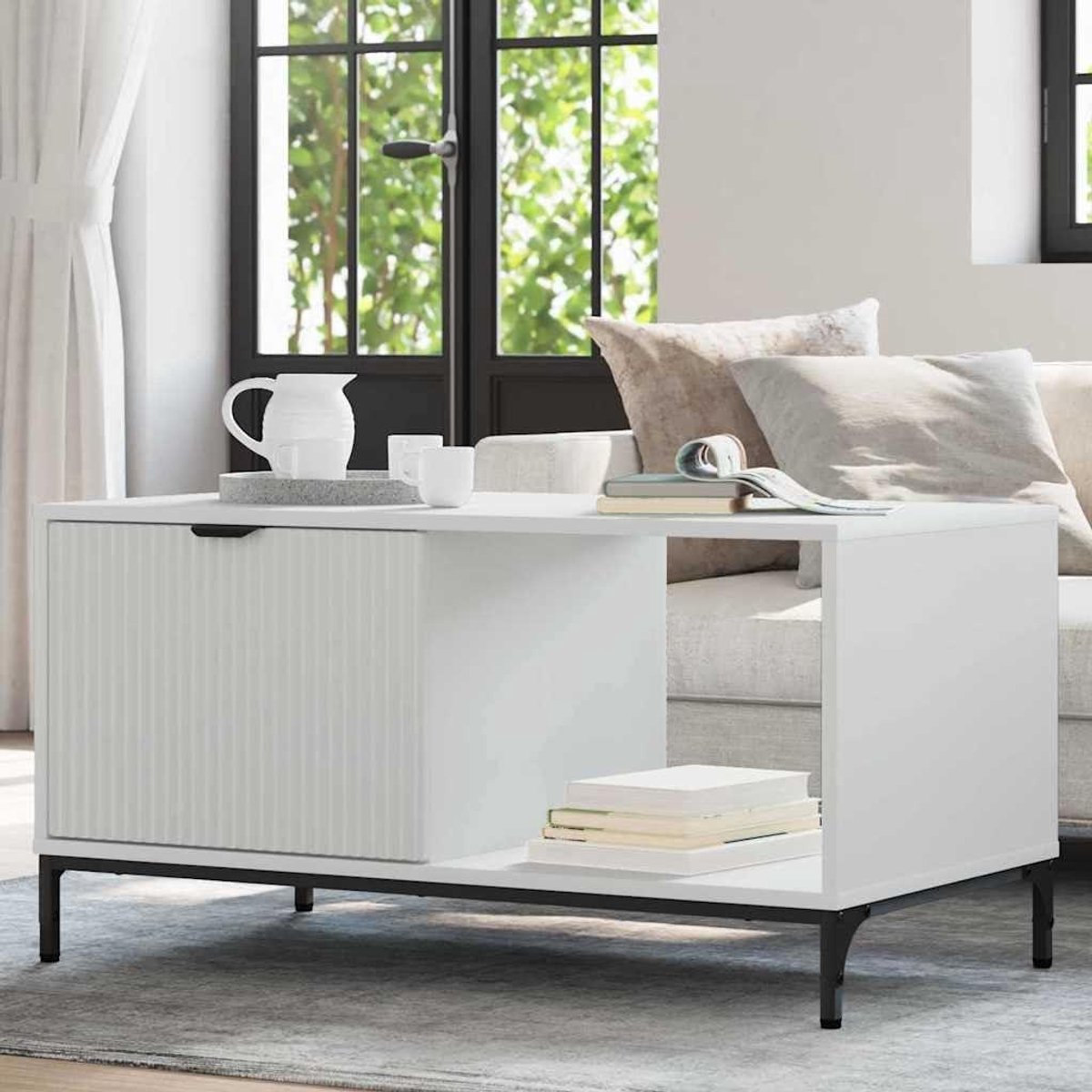 Minimalistische salontafel - Opbergtafel Woonkamer - Woonkamer Organisatie - Met Laden en Vakken - 90 x 49 x 46 cm