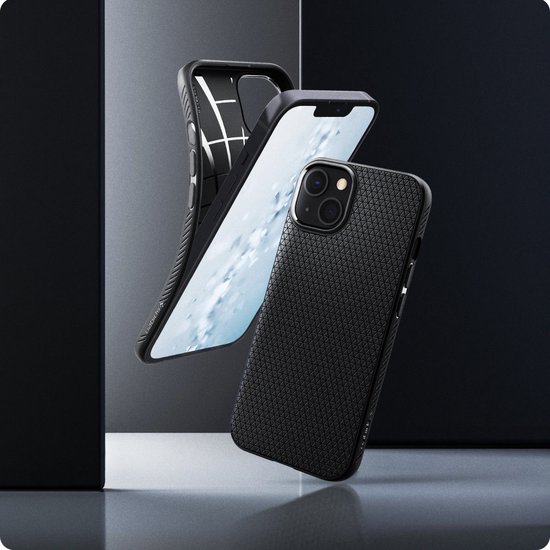 Zwarte Spigen Liquid Air hoesjes zweven, een toont de binnenzijde met 'Spider Web'-technologie.