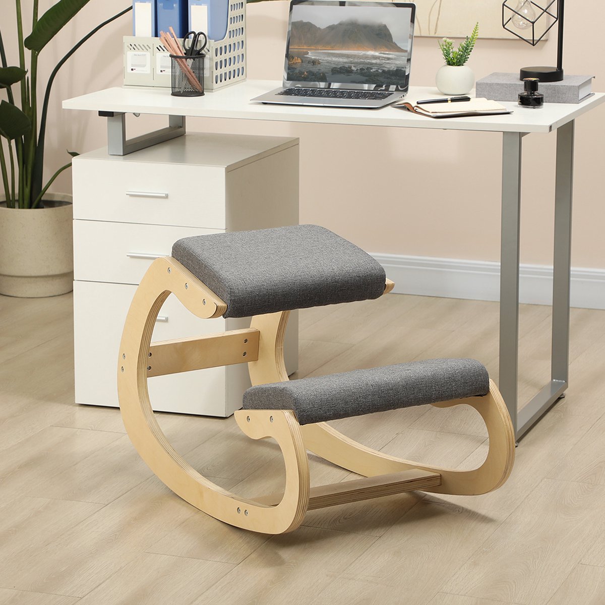 MODENUIT Bureaukruk 54,5 x 85 x 54 cm - Schommelend Kniestoel Ontwerp - Voor Homeoffice - Hout - Grijs
