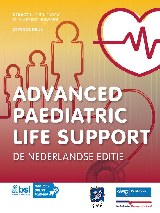 Boekomslag 'Advanced Paediatric Life Support De Nederlandse Editie', met icoontjes van mensen en een hartslaglijn.
