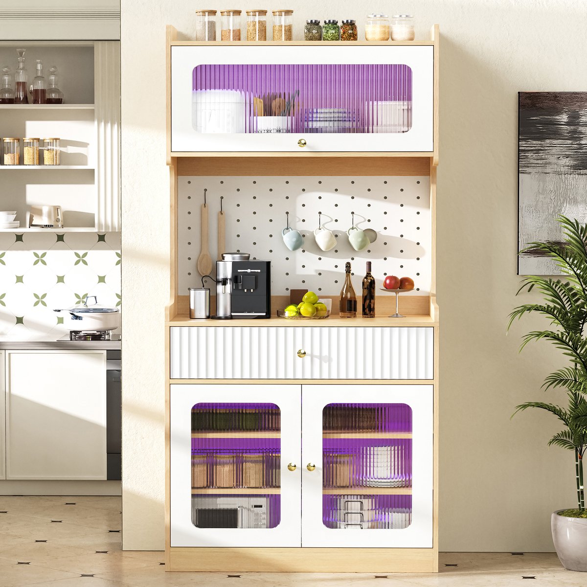 MODFU - Keukenkast - Highboard - Verstelbare Legplanken - Lades - LED - Ribbelglas - Naturel Wit