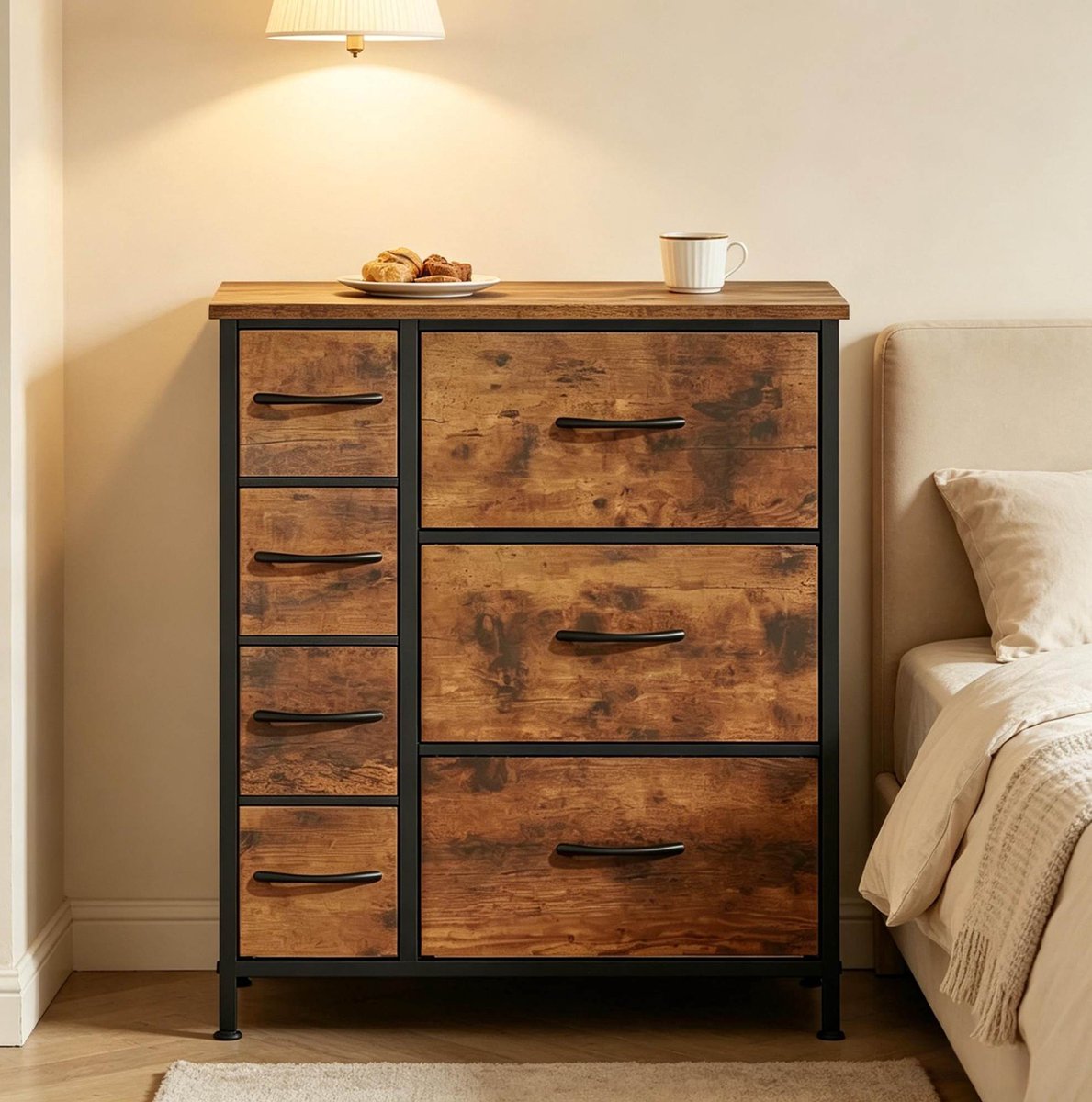Wishdor - Dressoir - 7 lades en opbergruimte - Vrijstaande opbergkast in vintage industriële stijl - Woonkamer of slaapkamer - Houtlook en metaal - Rustiek bruin zwart - 63,5 x 30 x 73 cm