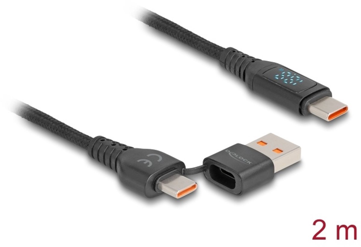 Delock USB 2.0 Fast Charging Cable USB Type-C™ + USB Type-A male to USB Type-C™ male PD 3.1 140 W with power indication 1.20 m