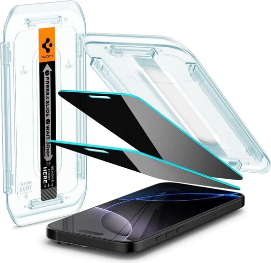 Privacyglasbeschermers naast een iPhone, met een Spigen EZ Fit installatiehulp.