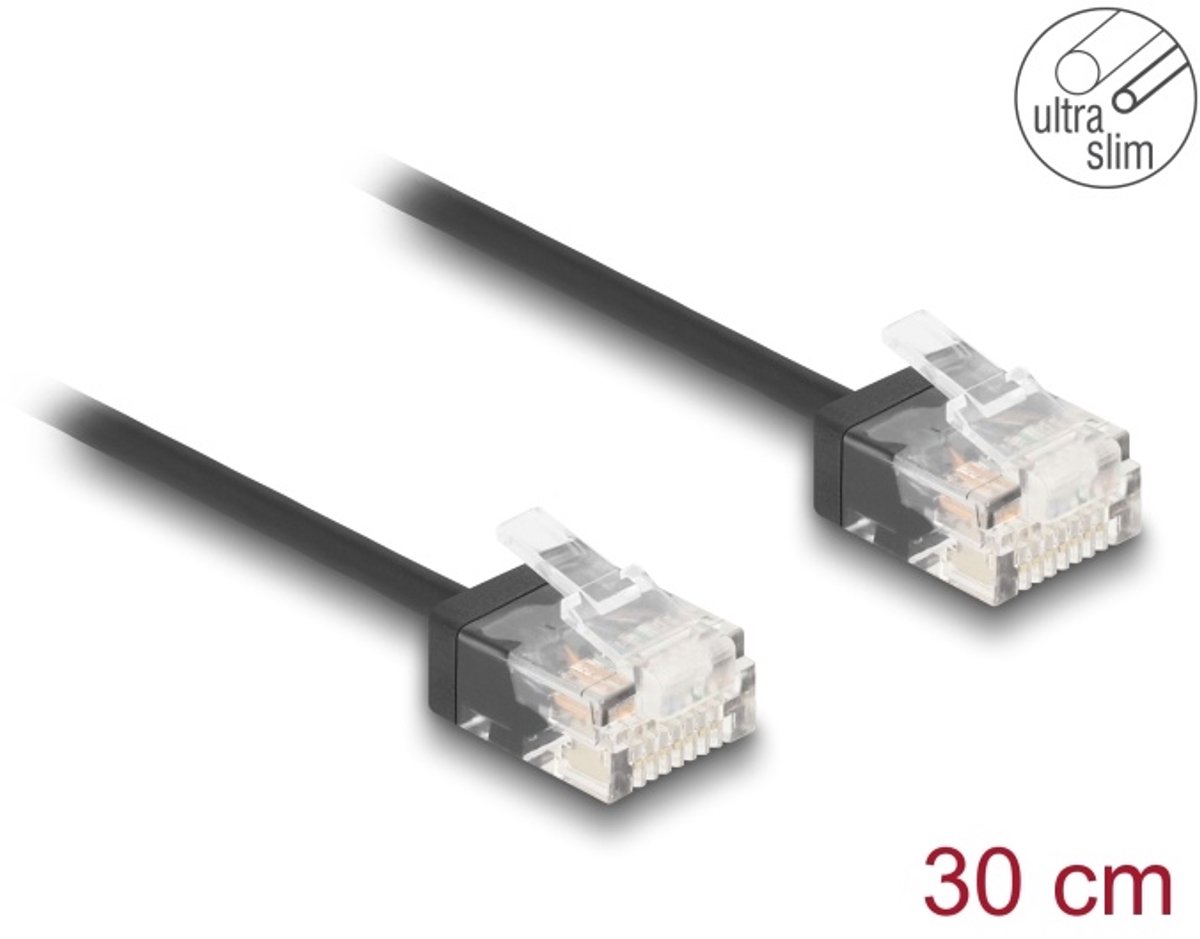 Delock RJ45 Network Cable Cat.6 UTP Ultra Slim 0.3 m black with short plugs