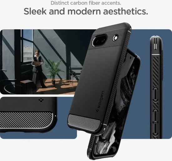Zwarte Spigen case voor Google Pixel 8a met carbon accenten, gestreept patroon en een vrouw in kantoor.
