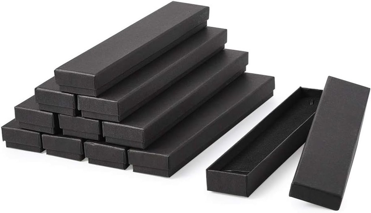 12 Stuks Lange Rechthoekige Zwarte Kartonnen Dozen voor Sieraden, Cadeaus en Opslag - 21x4x2cm, Perfect voor Armbanden en Horloges