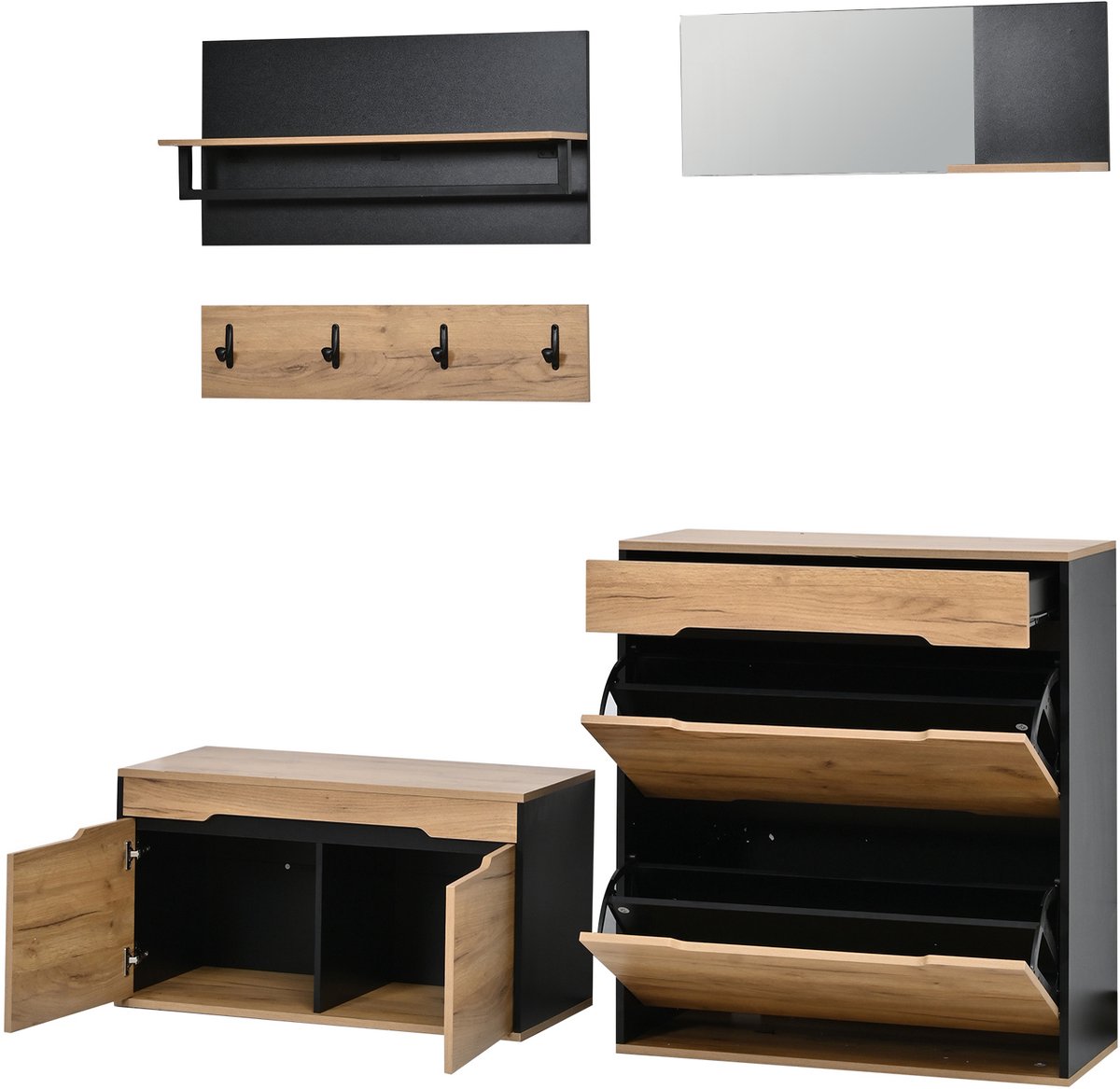 Wishdor - Schoenenkast - Modulair garderobeset met spiegel, haken en lade - modern halmeubel - entree en gang - houtlook en zwart - 156 x 36 x 176 cm