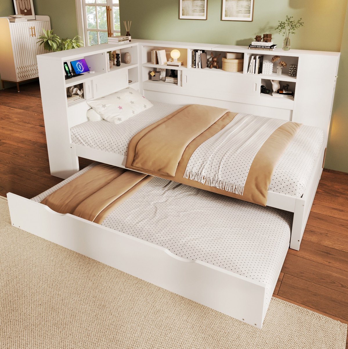 OKWISH Eenpersoons Bed 90x200 Cm Met Uitschuifbed En Opbergruimte Met USB Zonder Matras Wit