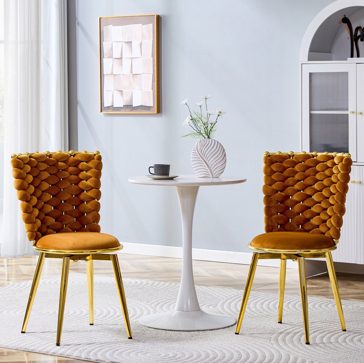FloraGrace Eetkamerstoel - Set van 2 - Modern Luxe Met Gevlochten Rugleuning En Gestoffeerde Zitting - Voor Eetkamer En Woonkamer - Metaal - Oranje