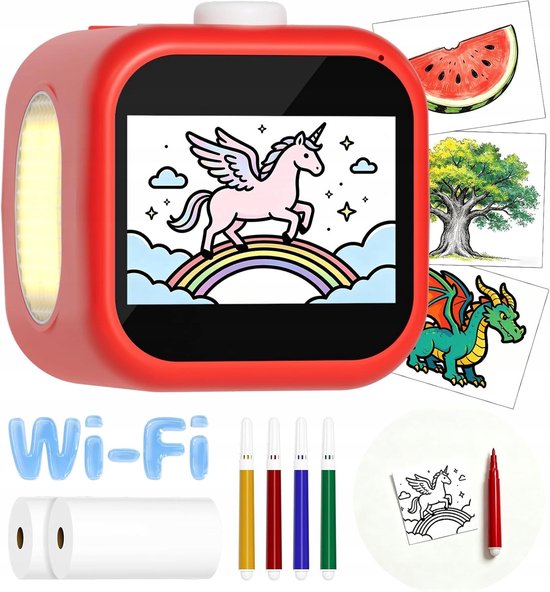 Rode AI-stickerprinter toont een roze eenhoorn op een regenboog. Inclusief stiften en papier.