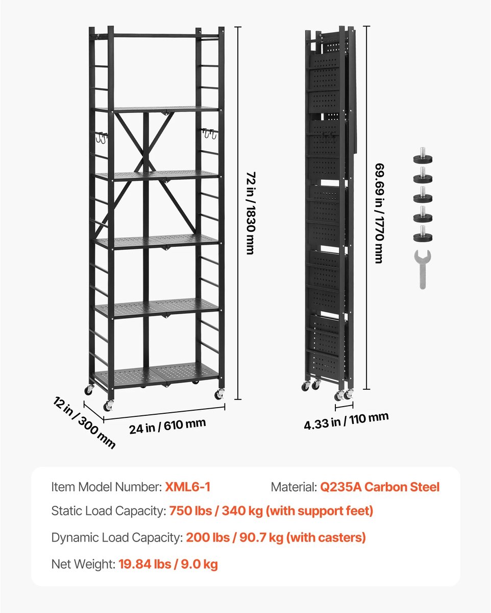 Stellingkast - 6 lagen - Opbergrek metaal - Opbergrek met wielen en rem - Opvouwbaar - Metalen stellingkast - Open Vakkenkast - Keuken Opslag - Keuken Organizer - Stevig opbergrek magnetron - Keukenrek - Roestvrij Staal - Industrieel - Zwart -