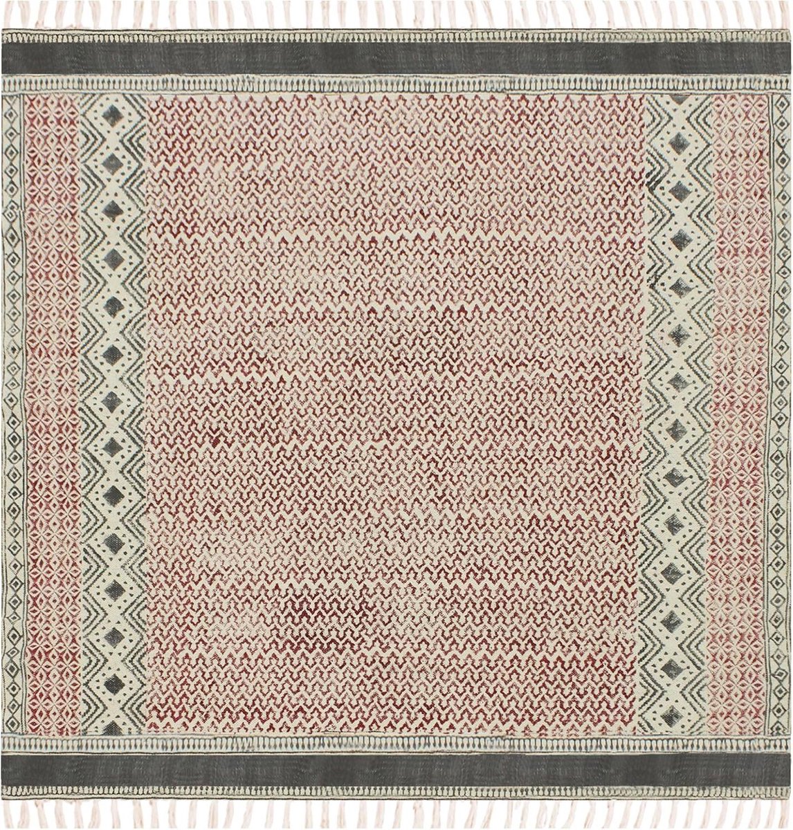 Vierkant Tapijt - Dhurrie Vloerkleed - Woonkamer Decoratie - Handblokprint Patroon - 210x210 cm - Rood Grijs
