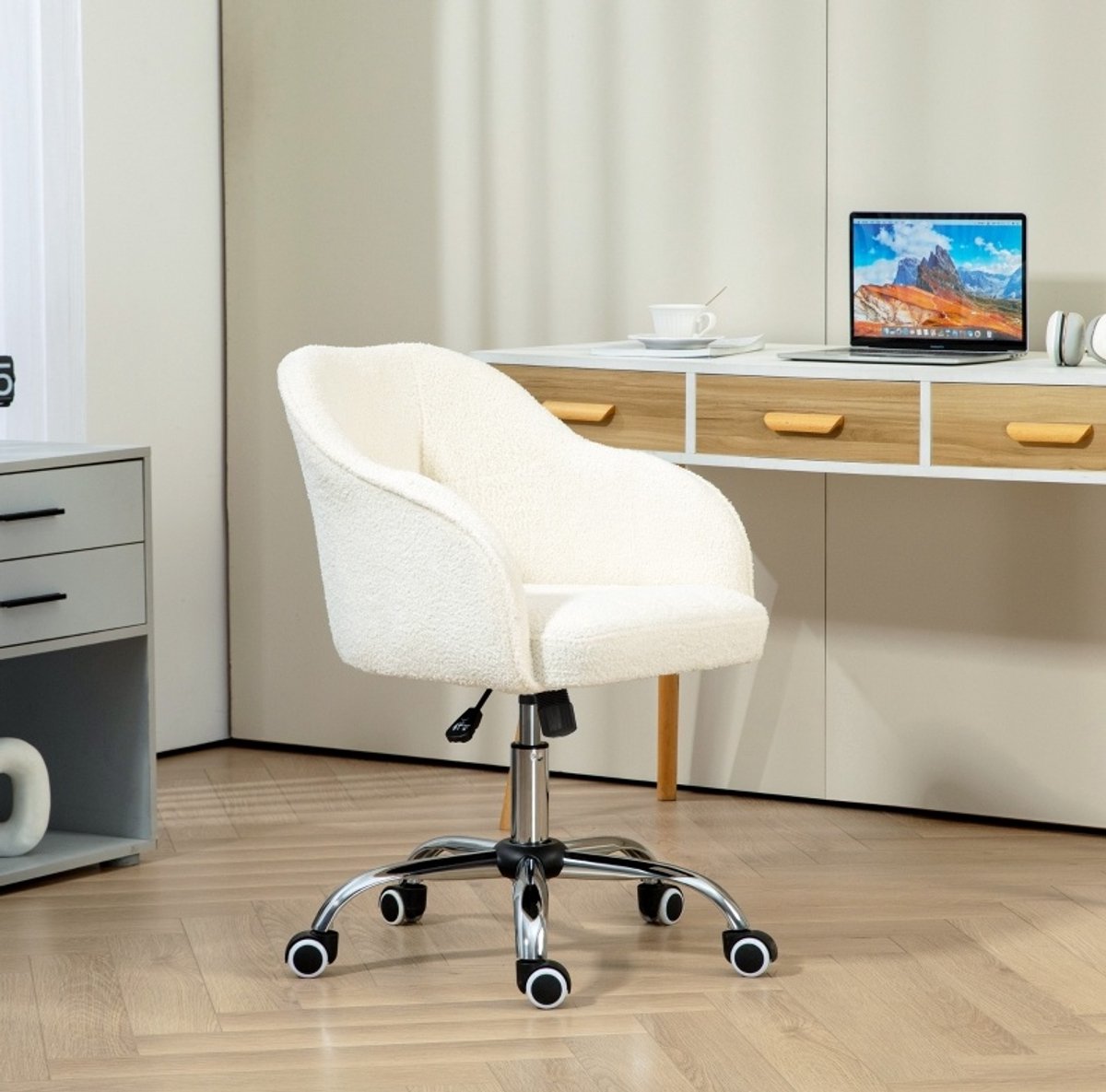 FloraGrace Bureaustoel 56 x 61 x 76-86 cm - Ergonomisch Met Vaste Armleuningen, Verstelbare Zithoogte En Wippfunctie - Homeoffice - Polyester - Crèmewit