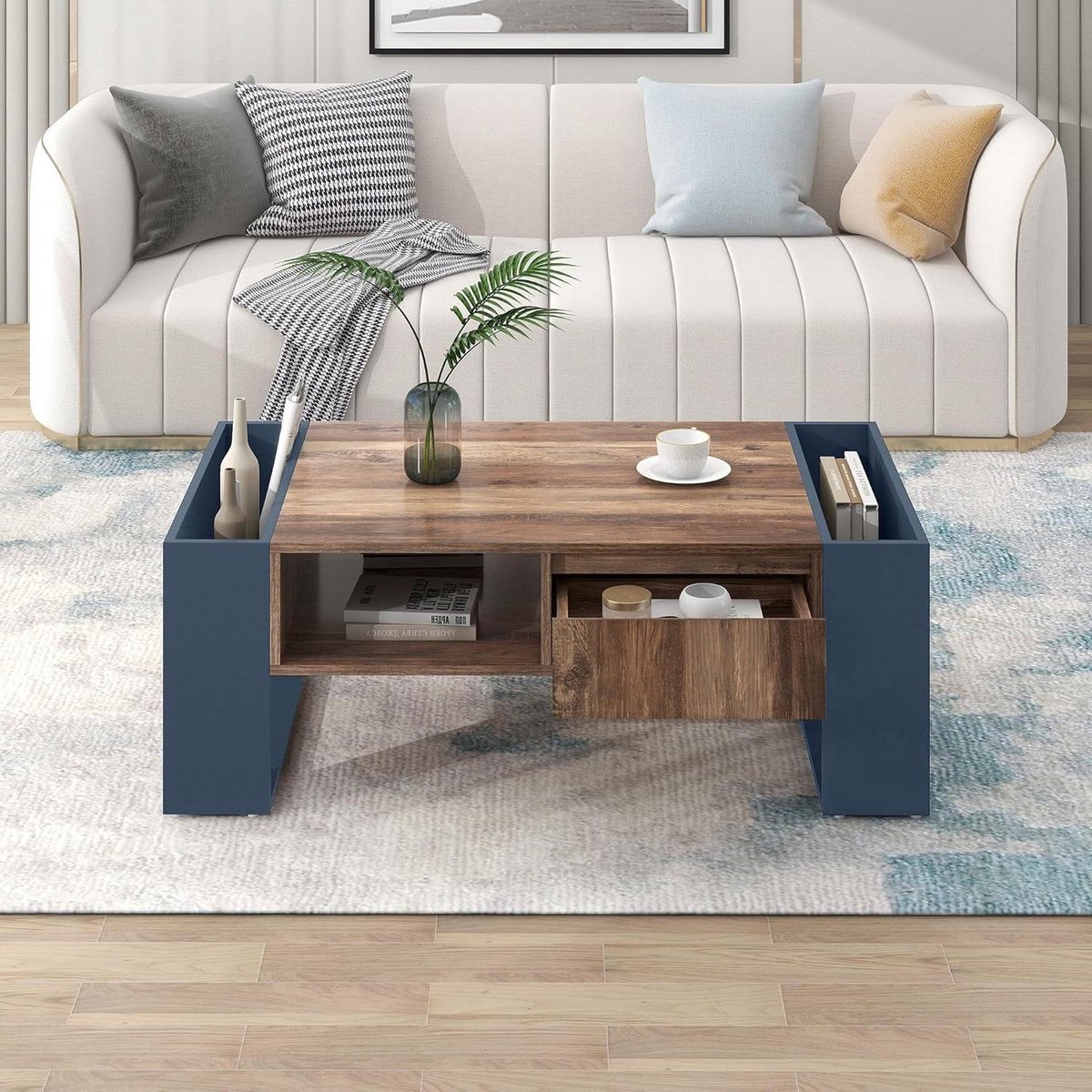 Salontafel Houtnerf - Woonkamer Tafel - Opbergen Woonkamer - Dubbelzijdige Opbergruimte - 106.4 x 60 x 40 cm - Houtkleur Grijszwart
