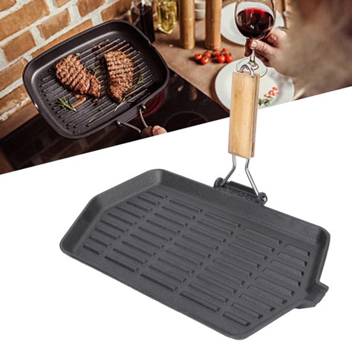Gietijzeren grillpan van 21x35 cm met houten handvat, duurzame koekenpan voor gelijkmatige warmteverdeling en non-stick bakplaat, ideaal voor steak en veelzijdig gebruik