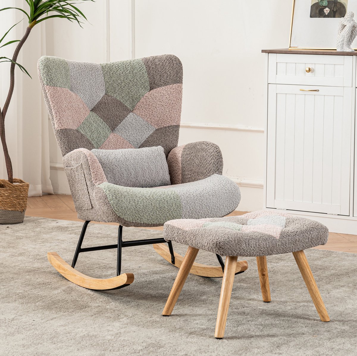 DESMIU Schommelstoel 93 Cm - Met Hocker En Lendenkussen - Voor Woonkamer Slaapkamer Of Terras - Fluweel - Multicolor