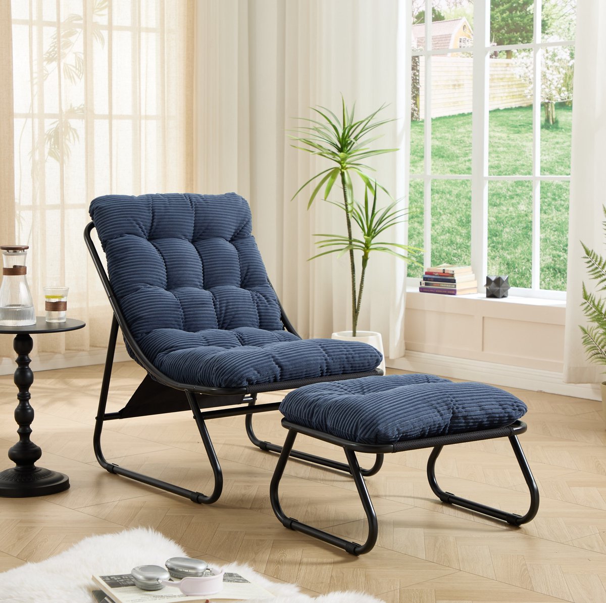 DESMIU Loungestoel 65 x 78 x 86 cm - Met Voetensteun En Zacht Kussen - Voor Tuin, Woonkamer En Slaapkamer - Staal - Marineblauw