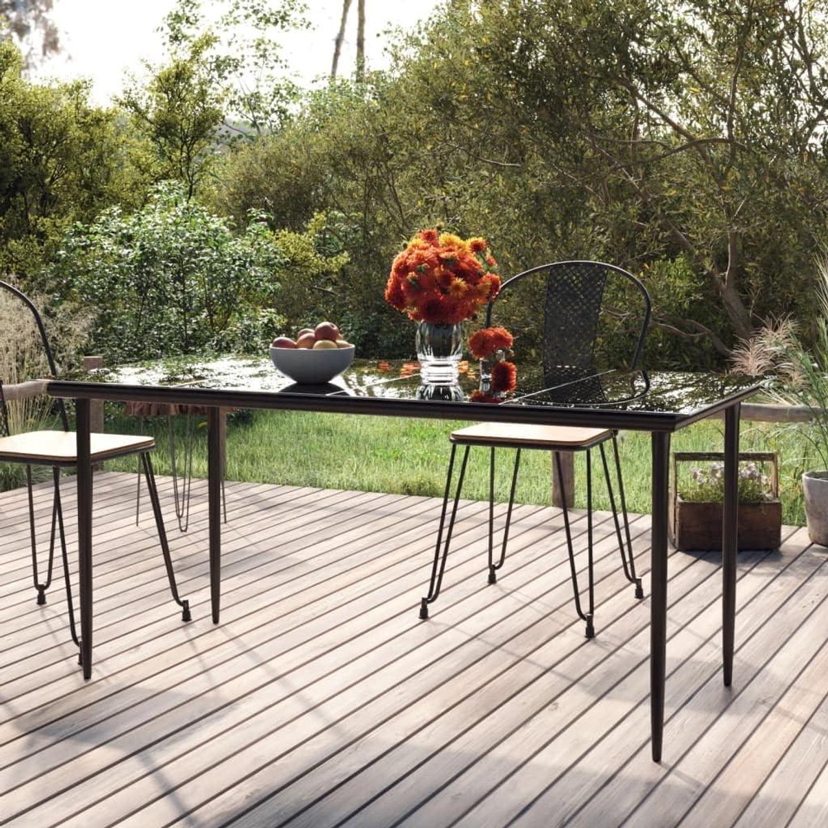 Tuintafel - Eettafel Buiten - Buiten Eten - Gehard Glazen Tafelblad - 160 x 80 x 74 cm - Zwart