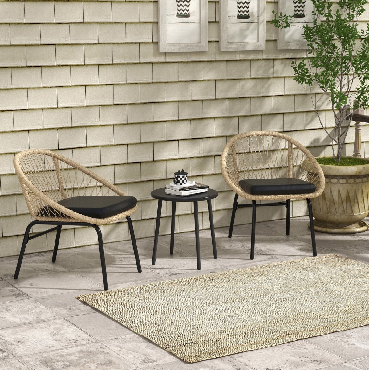 OKWISH Bistroset - 3-Delige Tuinset Met 2 Stoelen En Ronde Tafel - Met Kussens En Stalen Frame - Voor Balkon Of Tuin - Rotan - Geel