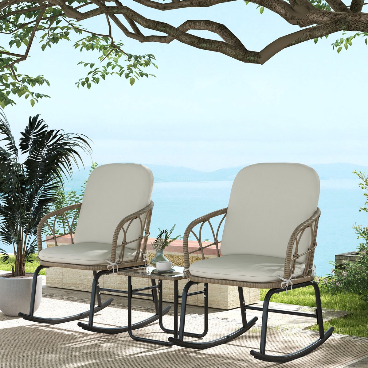 OKWISH Bistroset - 3-Delige Schommelstoelset Met 2 Zitplaatsen - Met Tafel En Kussens Voor Terras En Balkon - Gehard Glas - Beige Bruin Zwart