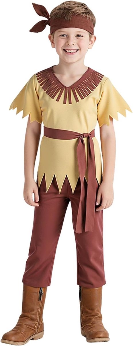 Caveman Kostuum voor Kinderen - Inheems Amerikaans Outfit met Hoofdband en Riem, Geschikt voor Halloween, Feestjes en Rollenspel, Leeftijd 4-10 Jaar