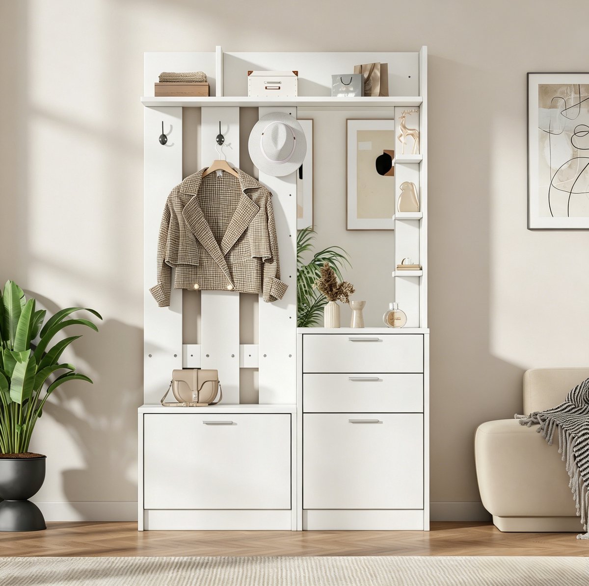 OKWISH Halmeubel – Garderobekast Met Spiegel En 2 Lades – 110 x 34 x 185 cm – 2 Klepkasten Voor Schoenen – 3 Haken – MDF Wit