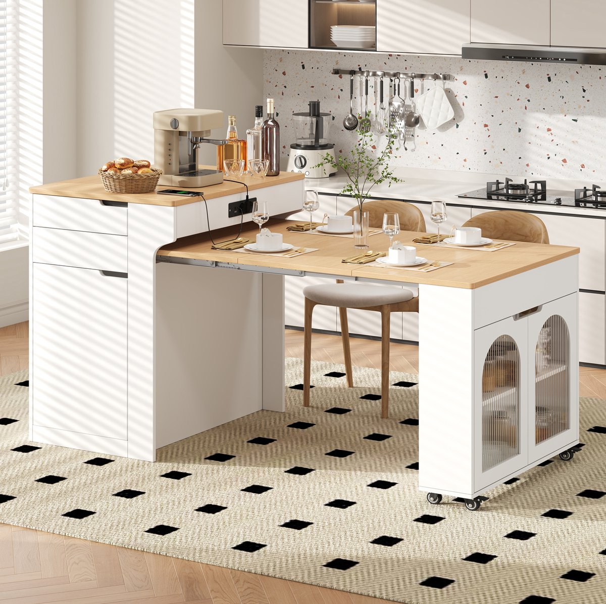 OKWISH Eettafel - Uitschuifbaar Keukeneiland Met Stopcontacten En 2 Lades - 55-153x80x93 cm - Opbergruimte - Modern - MDF Wit