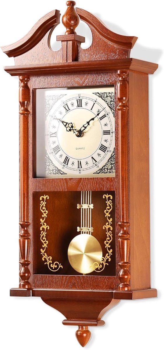 Vintage Wandklok met Pendule - 25 Inch Grote Retro Klok van Rubberhout voor Woonkamer Decoratie en Cadeau Ideeën