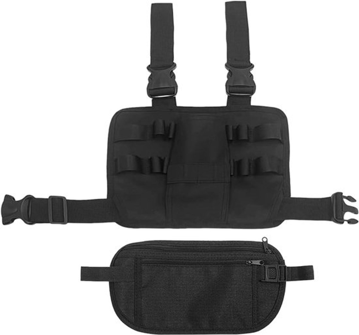Comfortabele en multifunctionele zwarte tailletas van duurzaam Oxford-weefsel, ideaal voor outdoor gebruik en het veilig opbergen van gereedschap en accessoires