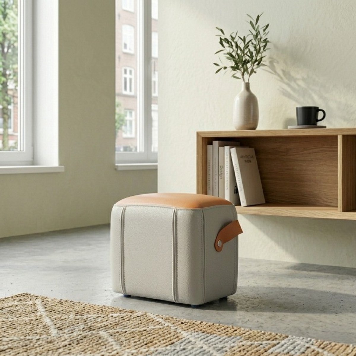 HAUSS SPOLE Voetenbankje - Moderne Hocker Met Handgreep - Gestoffeerd En Multifunctioneel - Voor Woonkamer En Slaapkamer - Kunstleer Grijs Oranje