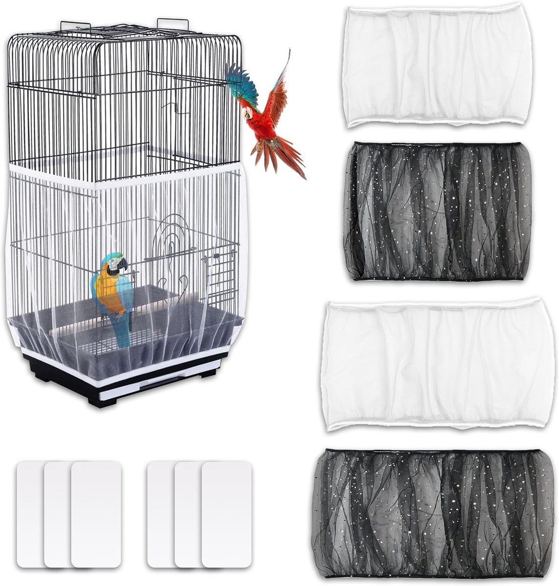 Universele Vogelkooi Deksel Set van 4 Stuks, Verstelbare Zadenopvang voor Ronde en Vierkante Cages, Duurzaam Nylon en Bescherming tegen Licht