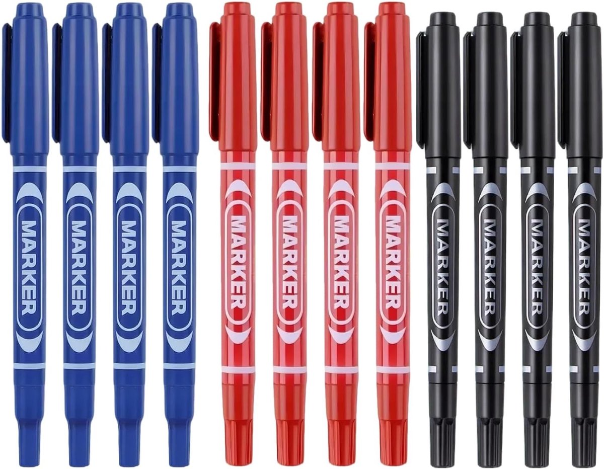 Permanente marker met fijne en dubbele punt, documentenecht en ideaal voor tekenen, schrijven en handtekeningen in verschillende kleuren zoals blauw, rood en zwart