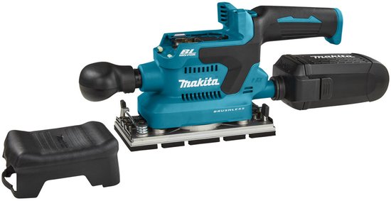 Makita acculandschuurmachine in turquoise en zwart, met losse stofcollector.
