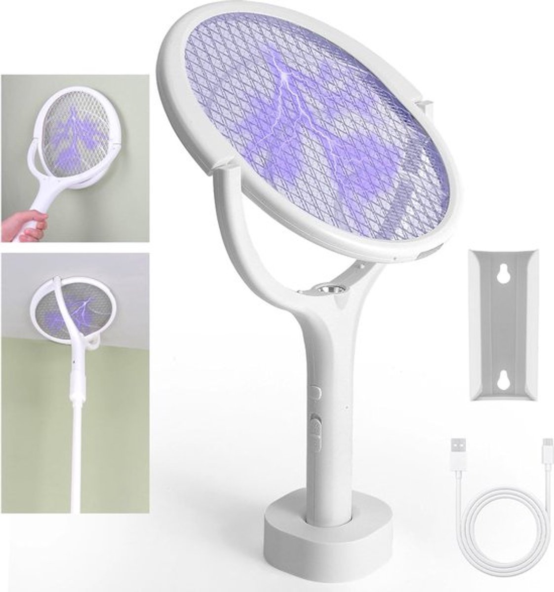 Insectenverdelger - Elektrische vliegenmepper met roterende kop - oplaadbaar - 3500 V - uv-lichtval - muggenval - insectenvanger - telescopische verlengstang