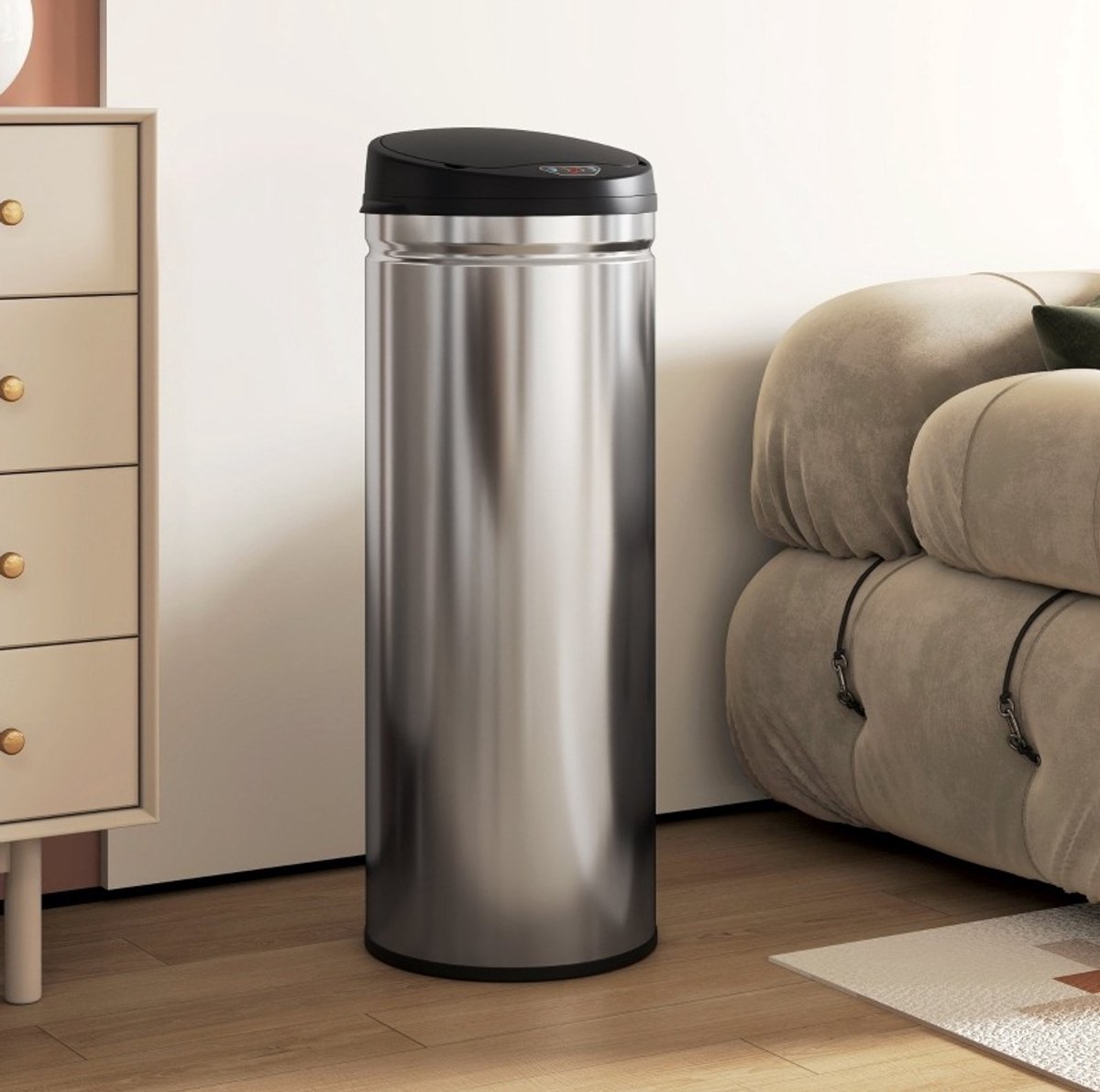 MIVRAY Sensorprullenbak – 50 Liter Contactloos Openen – 30,5 x 30,5 x 85 cm – Roestvrij Staal – Zilver – Voor Keuken en Kantoor