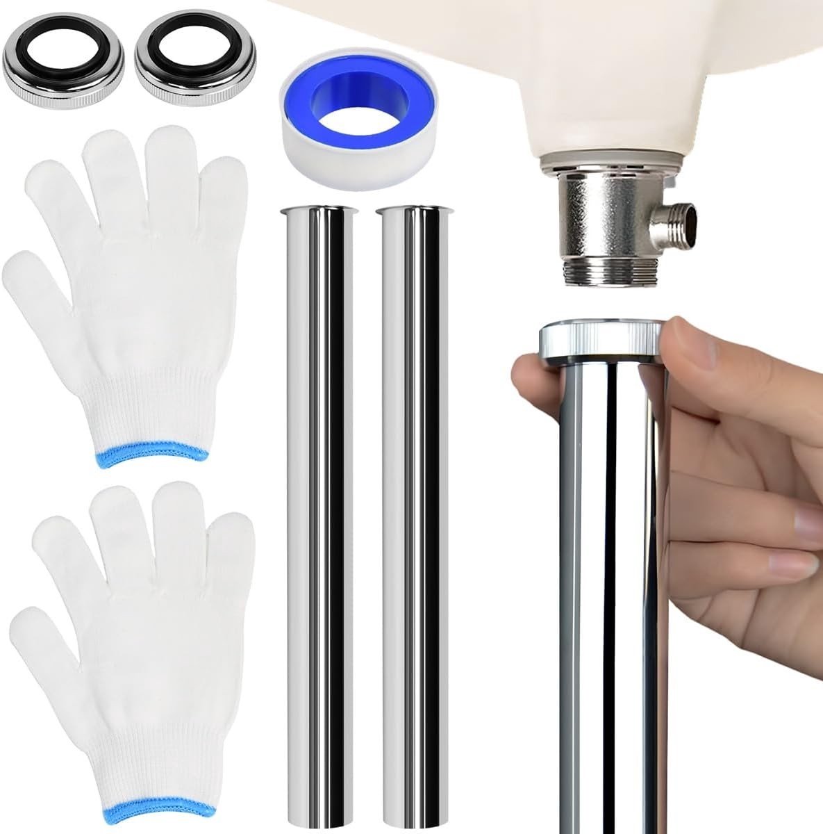 Dompelbuisset voor universele sifon met afdichtringen, moer en handschoenen - Roestvrij staal G1/4-schroefdraad voor wastafels en afvoerbuizen, 2 stuks