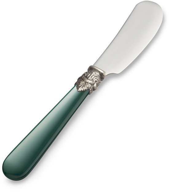 Groen botermesje met een gebogen, zilverkleurig lemmet en een gedetailleerd zilverkleurig ornament bij de greep.