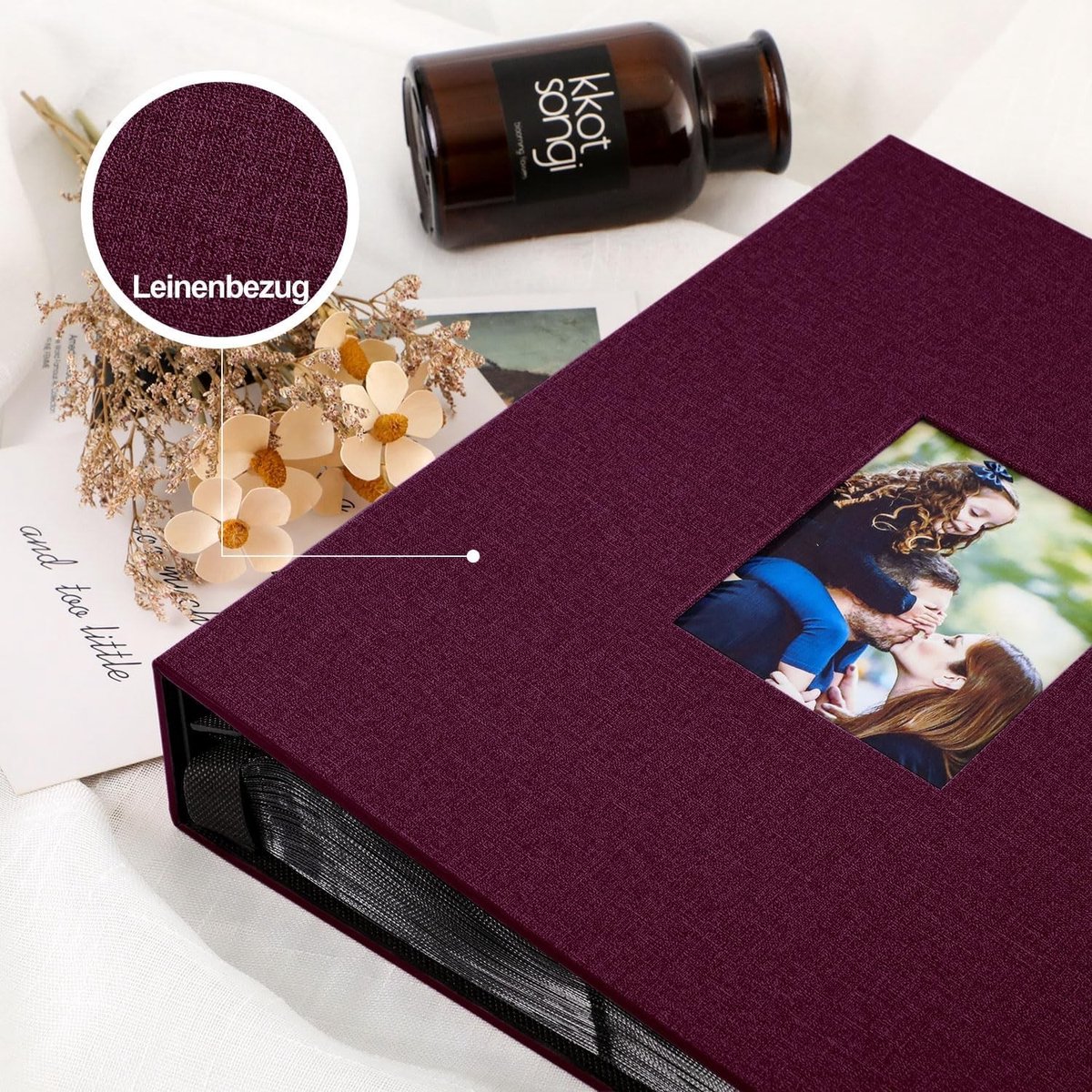 Fotoalbum 10 x 15 cm in grote linnen uitvoering, verticaal met vakken, paars en perfect voor herinneringen