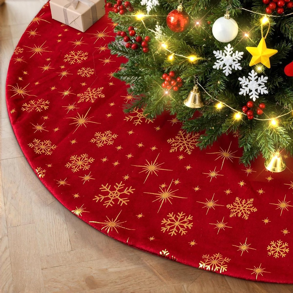 Kerstboomrok 120 cm met sneeuwvlokken, ideale kerstboomdeken en basisbedekking voor grote kerstbomen, perfect voor de winterse feestdagen en binnengebruik
