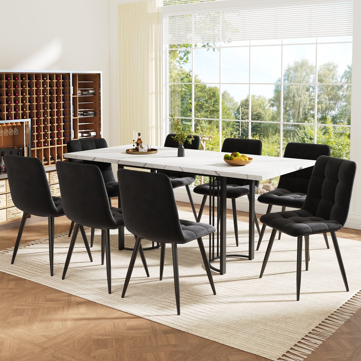 DESMIU Eettafelset 140-179,5 x 80 cm - Uitschuifbare Eettafel Met 8 Eetkamerstoelen - Voor Eetkamer En Keuken - Metaal Hout Zwart Wit