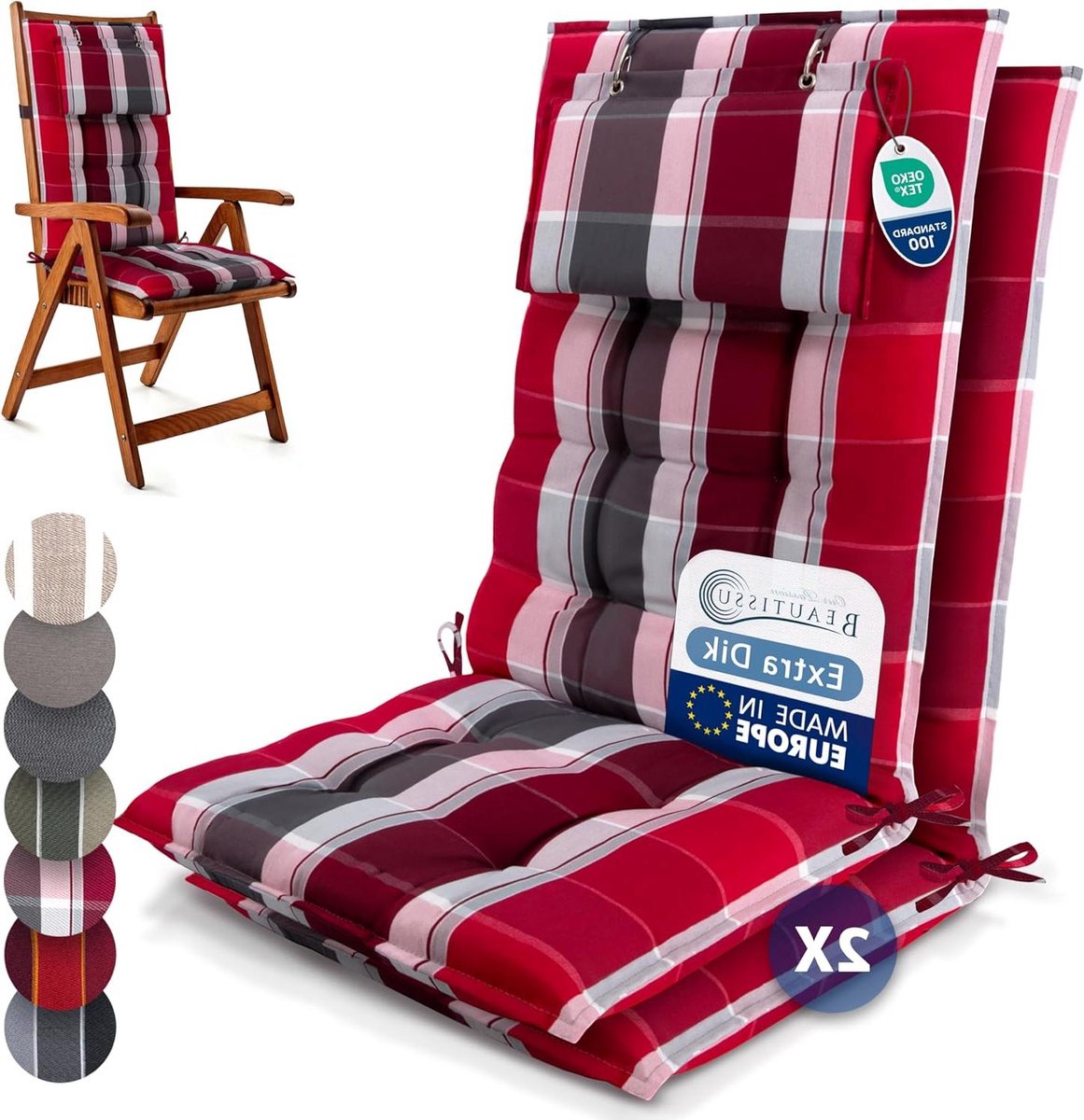Hoge Rugleuning Kussens - Tuinstoelkussens Set - Buiten Ontspannen - 8cm Dikke Vulling - 120x50 cm - Rood Antraciet Gestreept