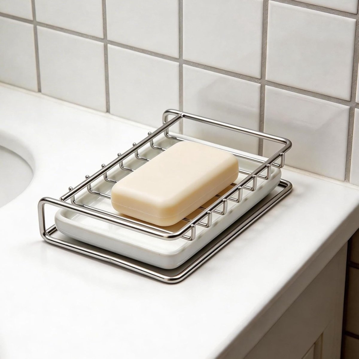 Soap Holder 14 x 10 x 3 cm, Stainless Steel Soap Dish with Ceramic Drainer for Bathroom, Basin, Bath Shelf, Table Soap - ShopVlot