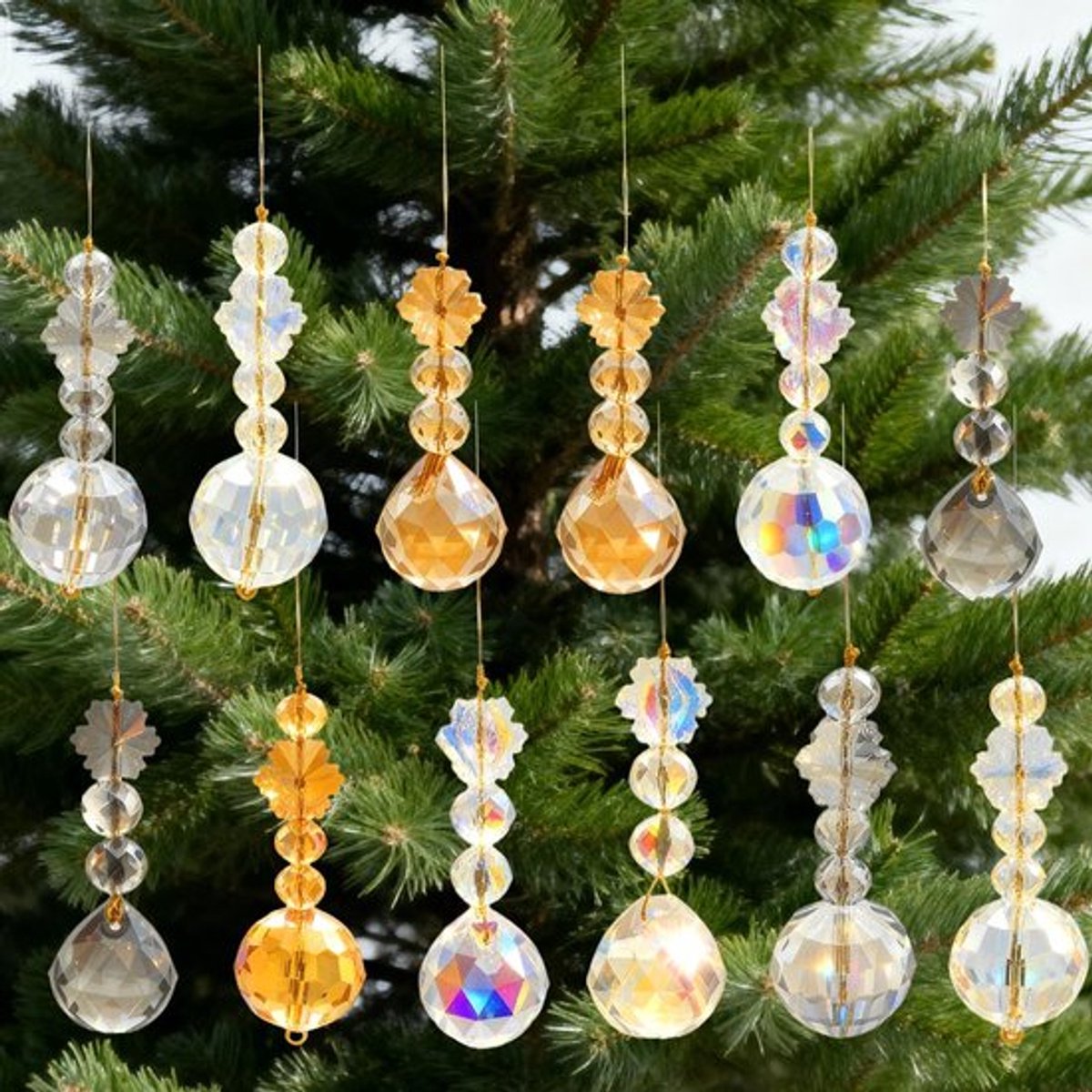 Kerstballen 12 stuks - Kristallen kerstballen - Regenboog decoratie - Hangende suncatchers - Premium kristalglas - Inclusief wenskaart - Decoratieballen