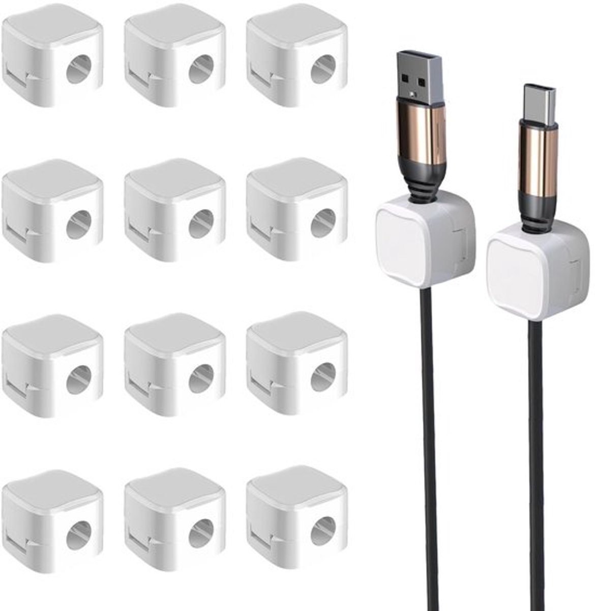 12-delige kabel-organizerset - Verstelbare kabelklemmen - Zelfklevende houders - Wit - Oplaadkabels - Ideaal voor bureau en keuken - Kabe...