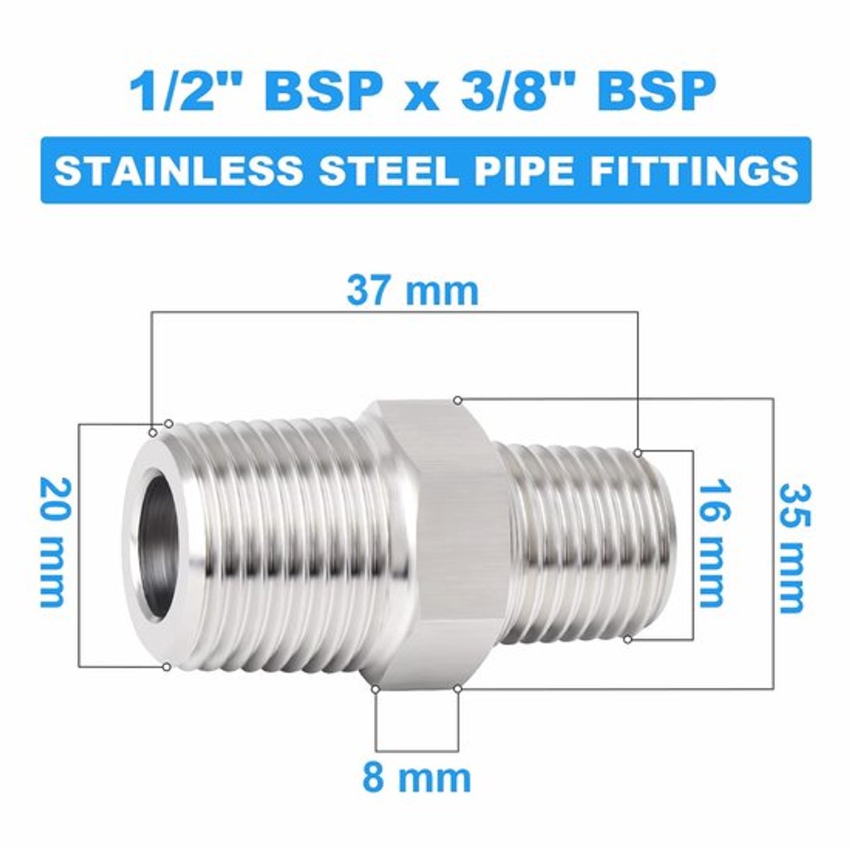 Zeskantnippel 5 Stuks - Roestvrij Staal 304 - Koppeling Buizen - Verloopstuk 1/2" x 3/8" - Industrieel Gebruik - Voor Water/Lucht/Gas