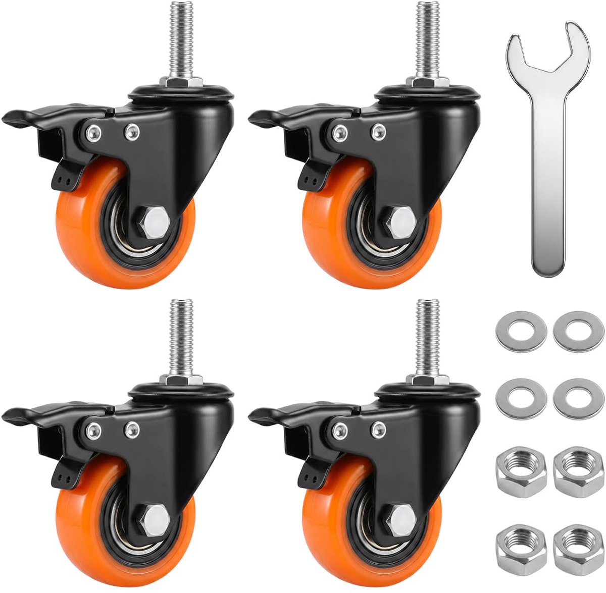 4 Zwenkwielen met Rem, Wielen met Schroefdraad M8×25mm, Meubelwielen M8 - ShopVlot