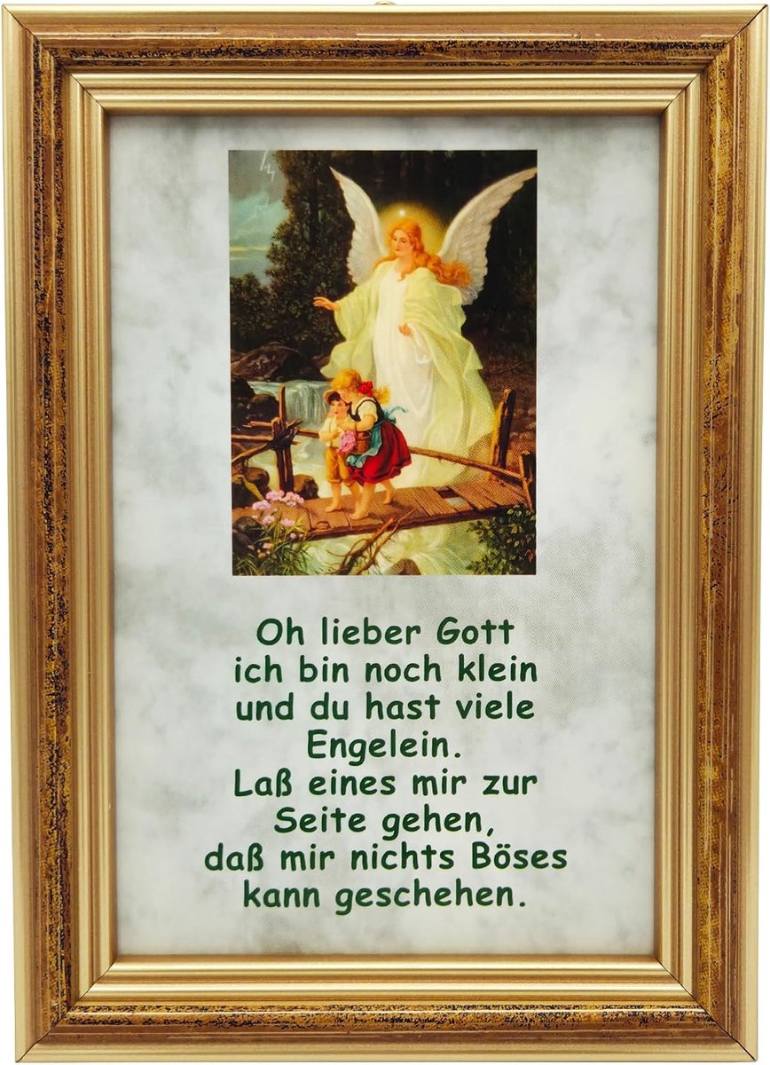 Lunexus Guardian Angel Prayer Picture 12 x 17 cm with Wooden Frame & Real Glass – Catholic Blessed – Motif Angel - ShopVlot